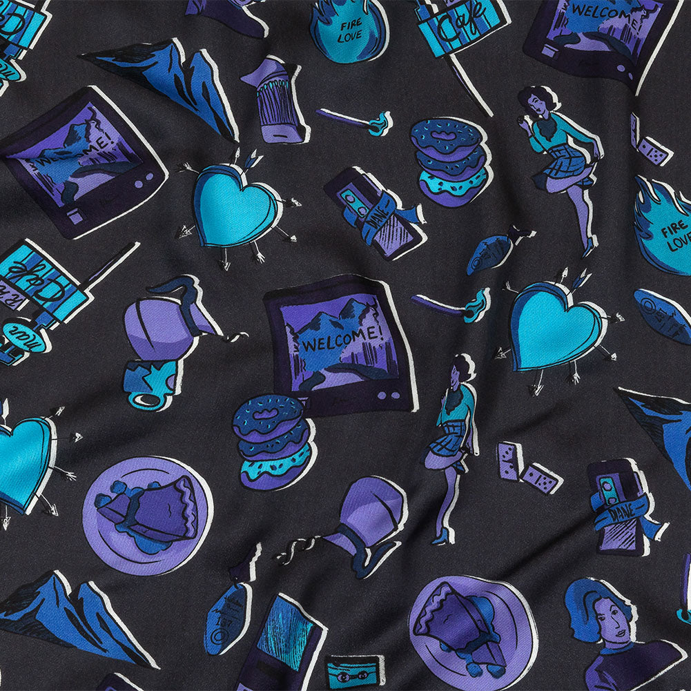 Rayon Challis - Purple and Blue Iconic Symbols - Live at Sun Studio Print - Mood Exclusive Indigo Collection - Joann Fabrics