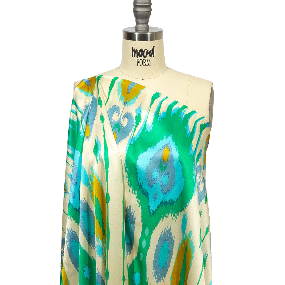 Italian Turquoise, Kelly Green and Mustard Ikat Diamonds Silk Charmeuse - Joann Fabrics