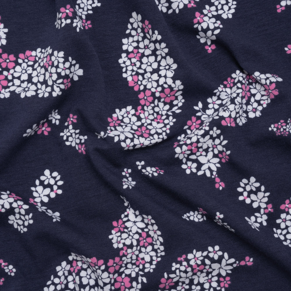 Stretch Rayon Jersey Print - Navy, Pink and White Floral Butterflies - Deadstock - Joann Fabrics
