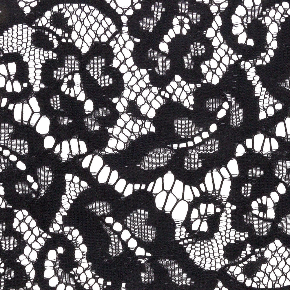 Black Floral Scrolls Lace Trim with Eyelash Fringe Edges - 3.5