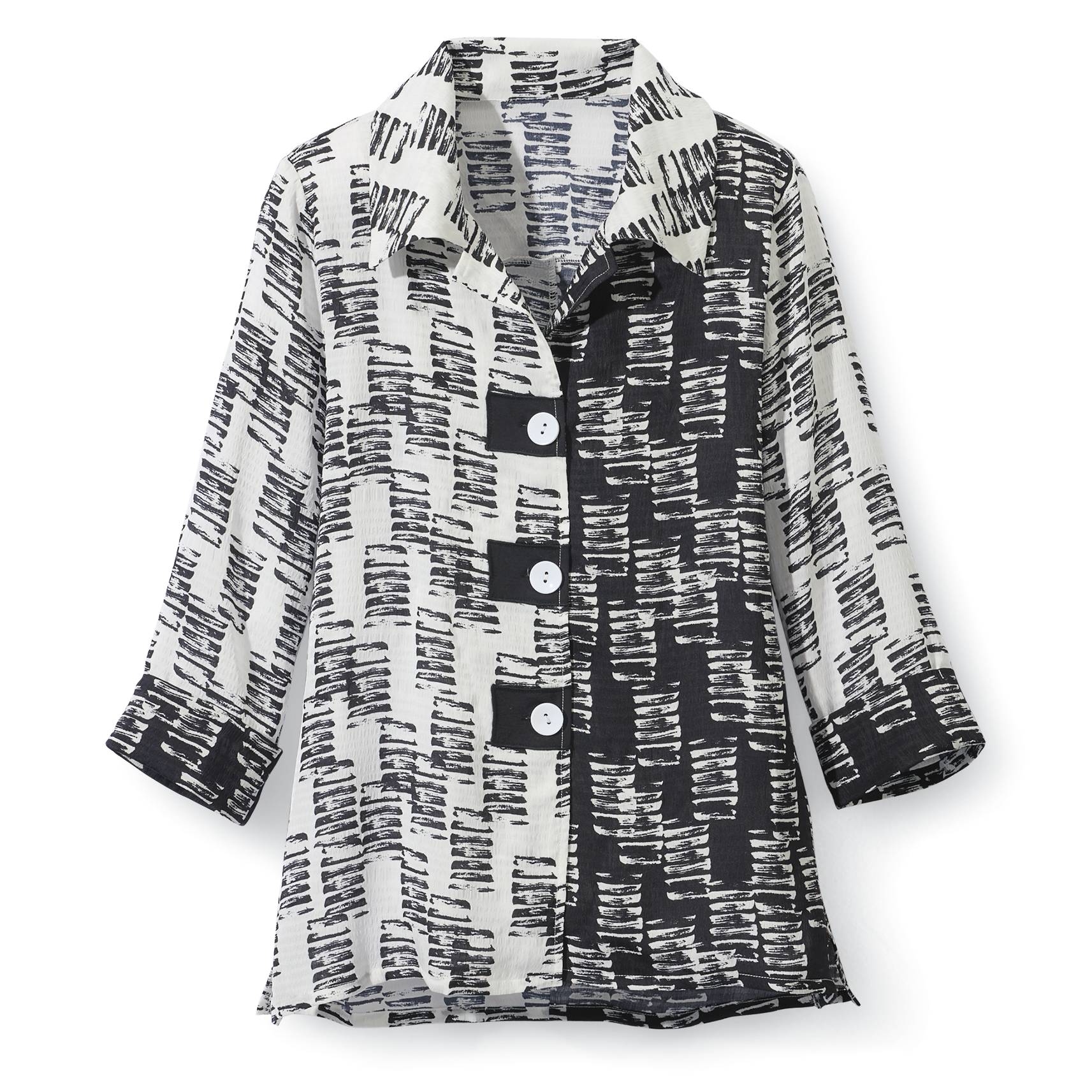 Contrast-Print Button-Front Tunic, 3/4 Turnback Sleeves - Northstyle Catalog