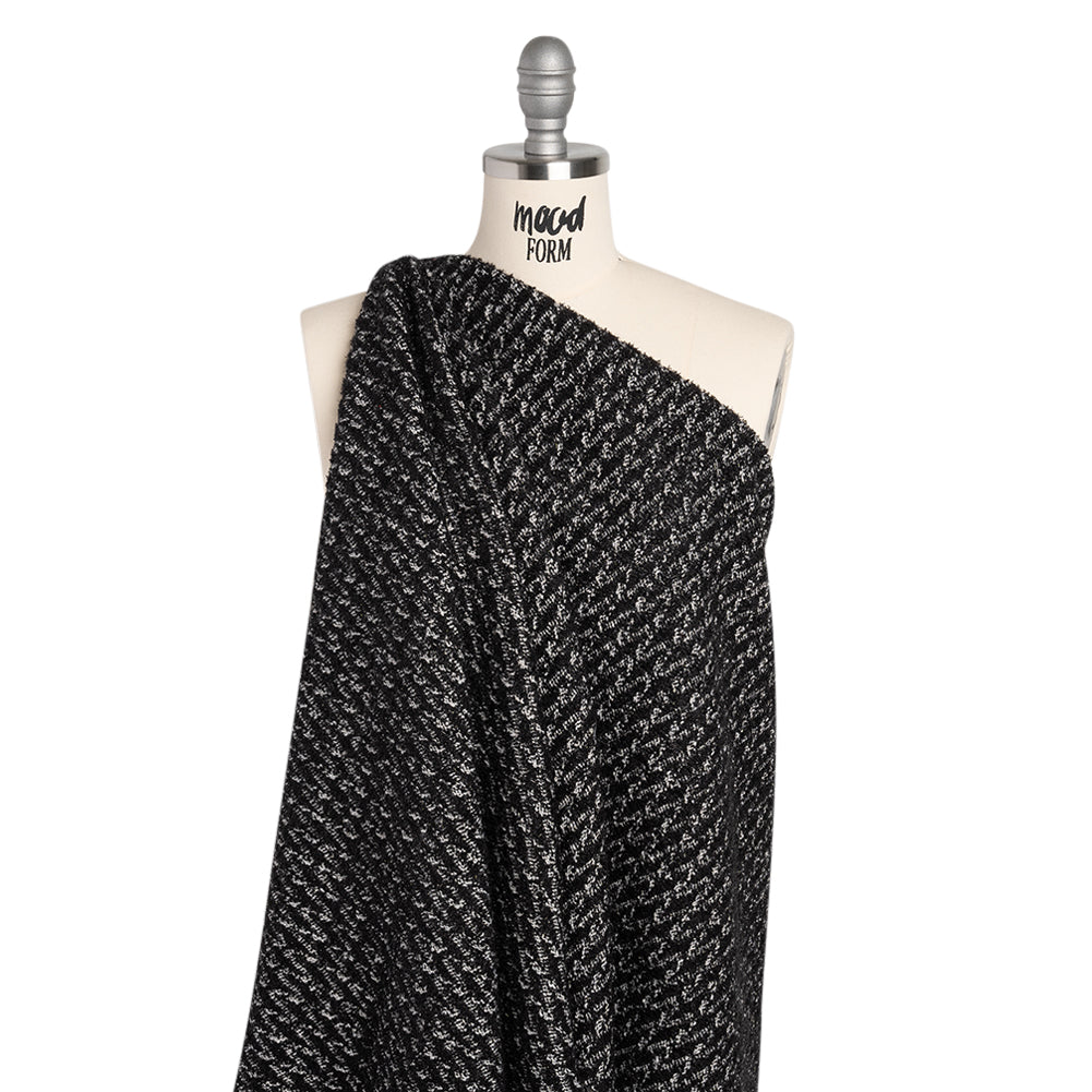 Tweedy Boucle with Metallic Eyelash Fringe - Black and White Abstract Zig Zags - Deadstock - Joann Fabrics