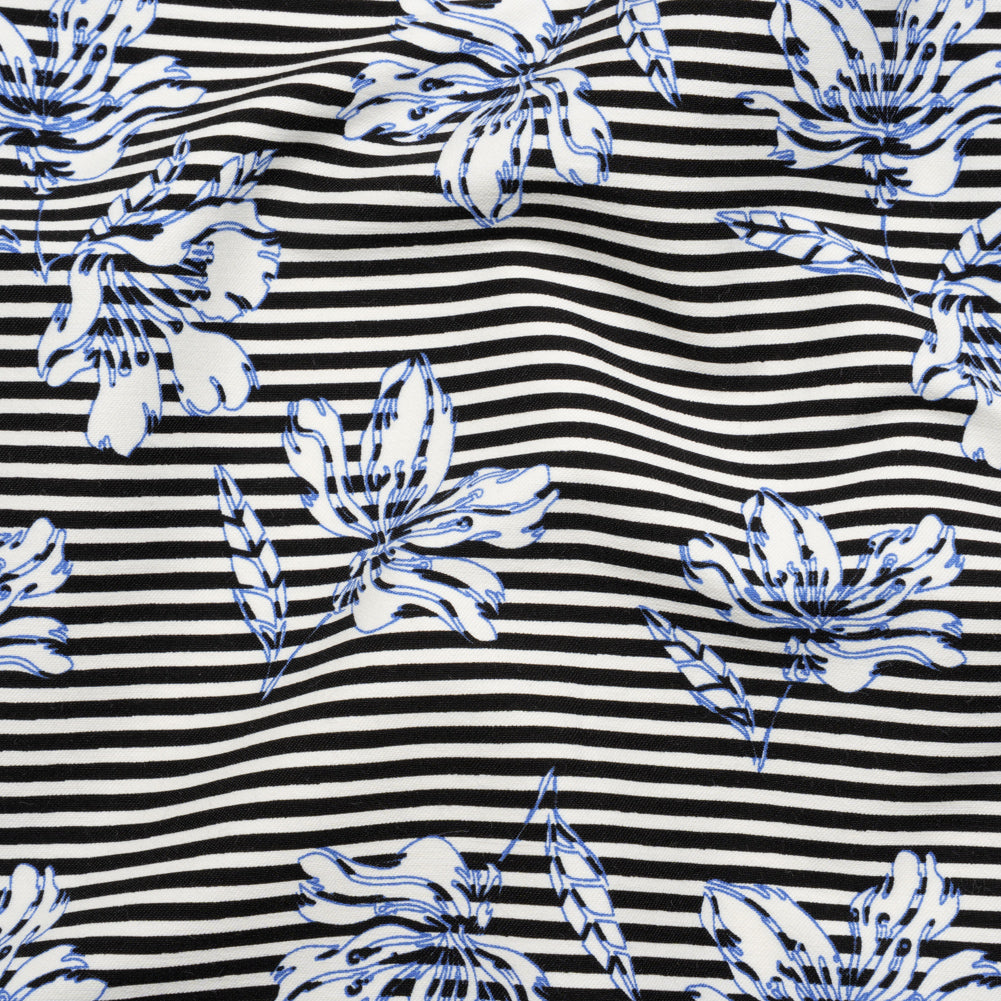 Stretch Rayon and Polyester Twill - Black, White and Blue Flowers over Stripes - Deadstock - Joann Fabrics