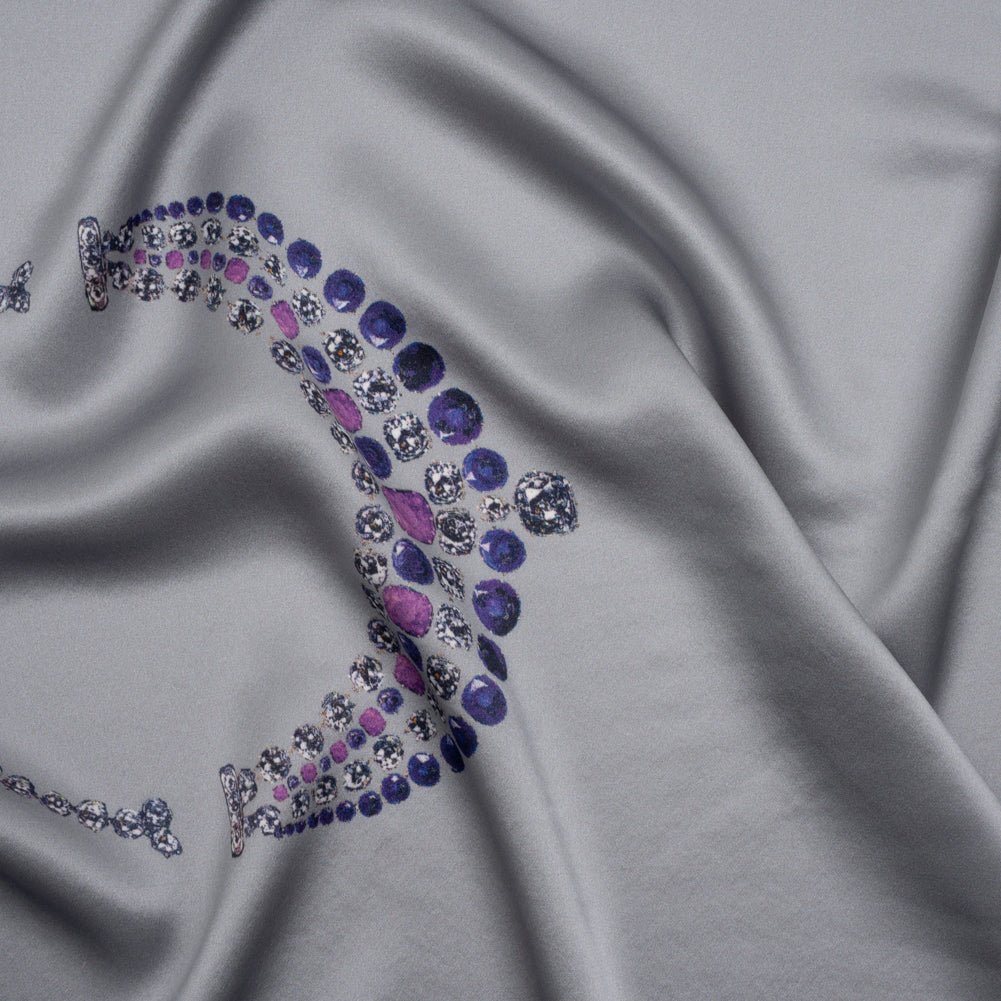 Silk Charmeuse Panel by Ralph Lauren - Silver, Pink and Purple Jeweled Necklace - Designer Deadstock - Joann Fabrics