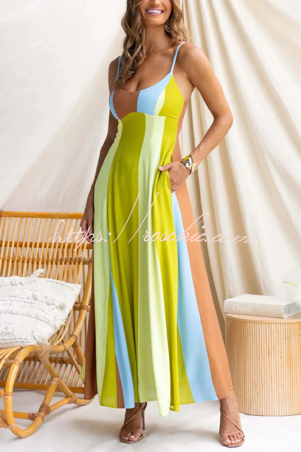 Linen Blend Color-blocked Print Suspender Sleeveless Casual Pocket Maxi Dress