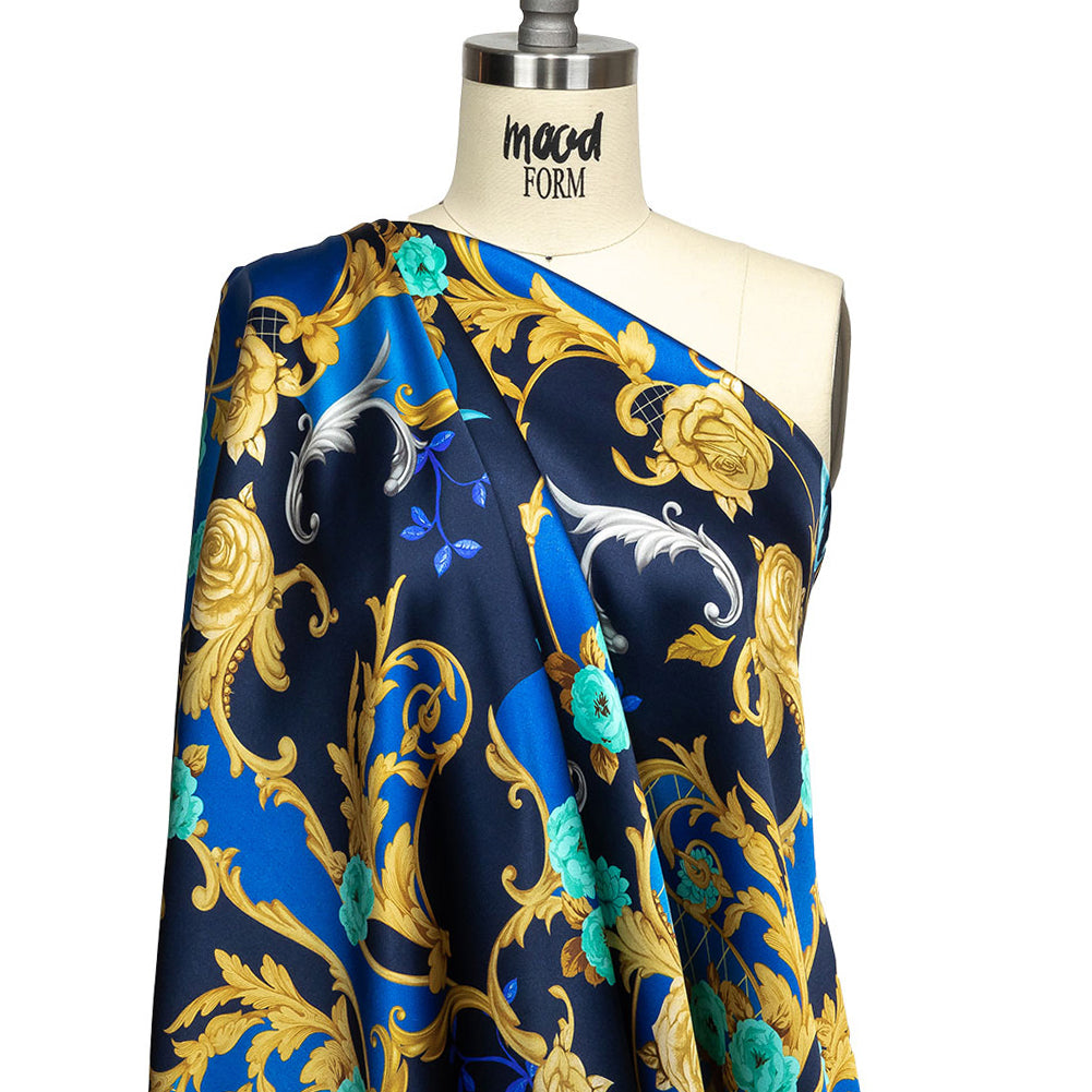 Mood Exclusive Italian Navy, Blue and Gold Rose Filigree Silk Charmeuse - Joann Fabrics