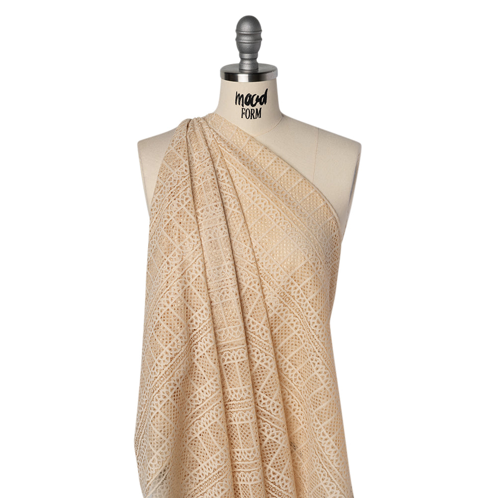 Raschel Lace Panel with Finished Edges - Tea Stain Geometric Rows of Windows - Joann Fabrics