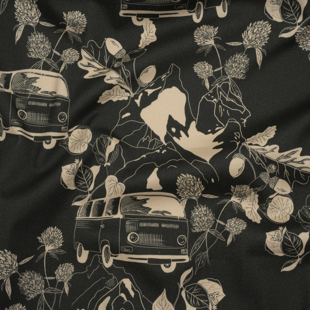 Brushed Cotton Woven - Charcoal and Beige Van in Nature - Mood Exclusive Scenic Route Print - Joann Fabrics