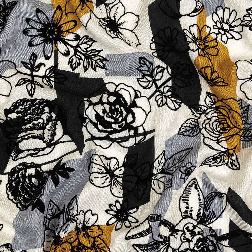 Black, Gray and Harvest Gold Flocked Flowers on Geometric Printed Viscose Woven - Joann Fabrics