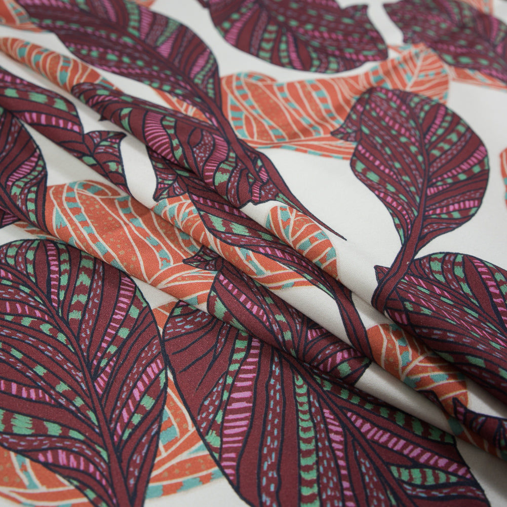 Stretch Cotton Sateen - Peach and Plum Feathers or Leaves - Bright Dead Things Print - Mood Exclusive Avenable Collection - Joann Fabrics