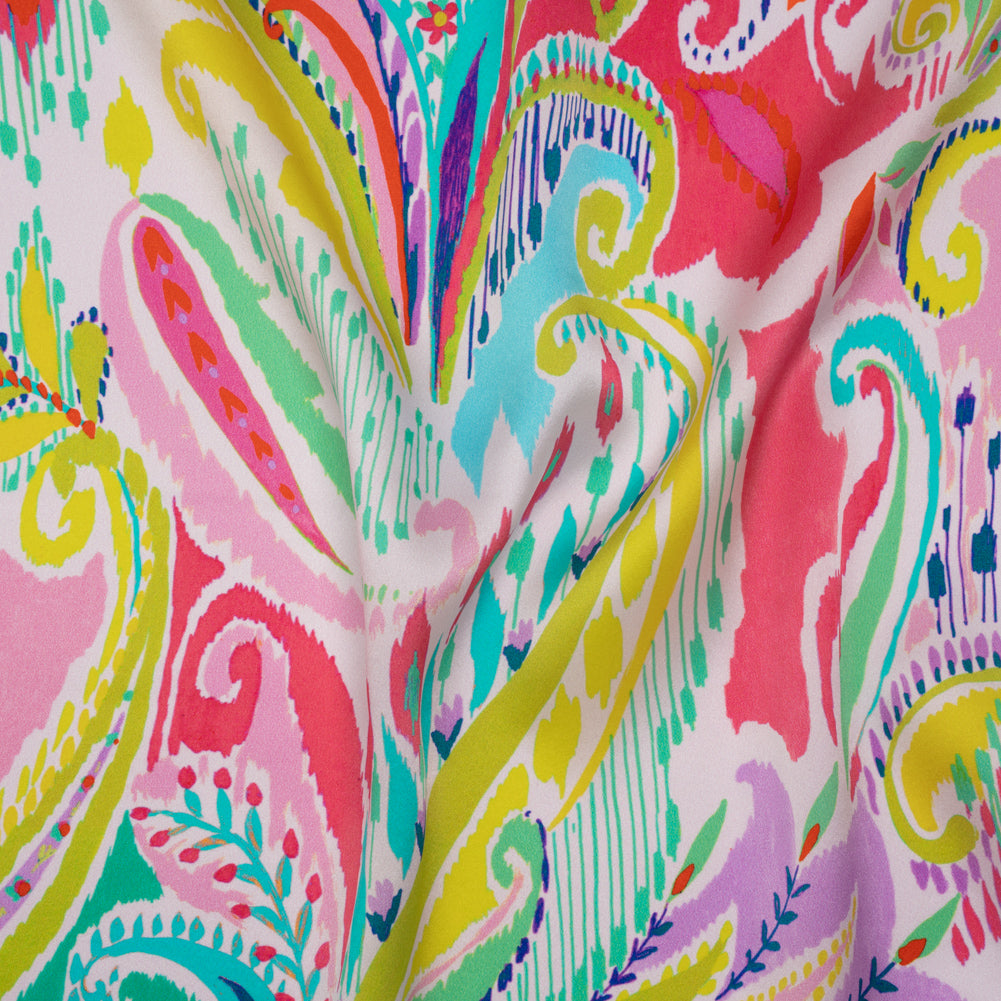 Silk Charmeuse Print 16MM, Made in Italy - White, Yellow and Purple Painterly Ikat Paisley - Joann Fabrics
