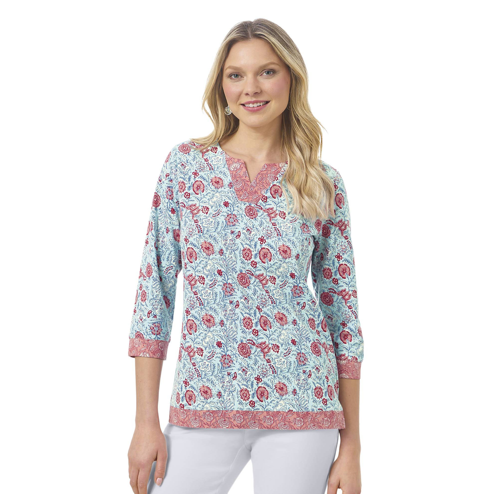 Border-Print Cotton Split-Neck Top, 3/4 Sleeves, Side Slits - Northstyle Catalog