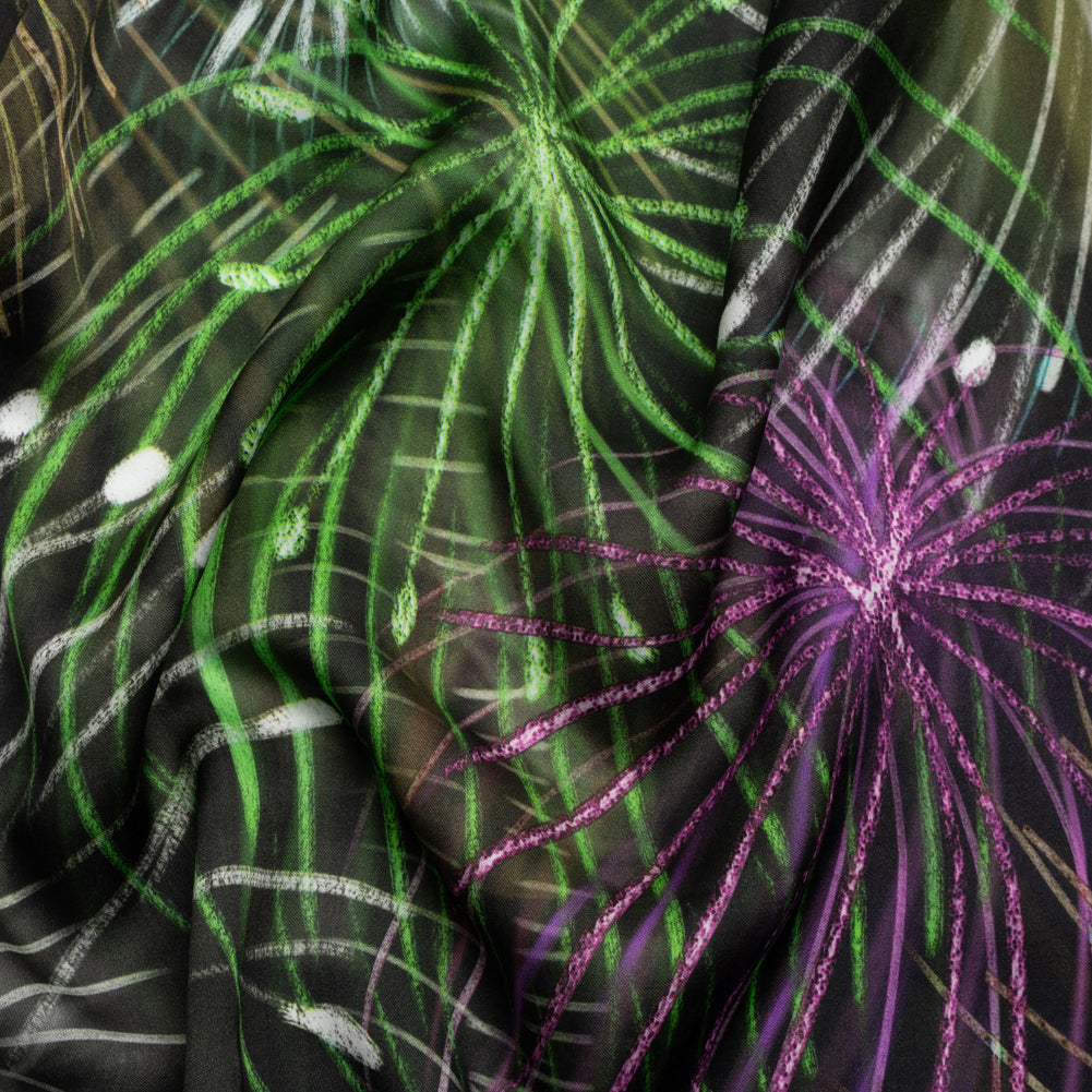 Sustainable and Recycled Viscose Satin Print - Green, Purple and Yellow Fireworks - Mood Exclusive Twilight's Last Gleaming - Joann Fabrics