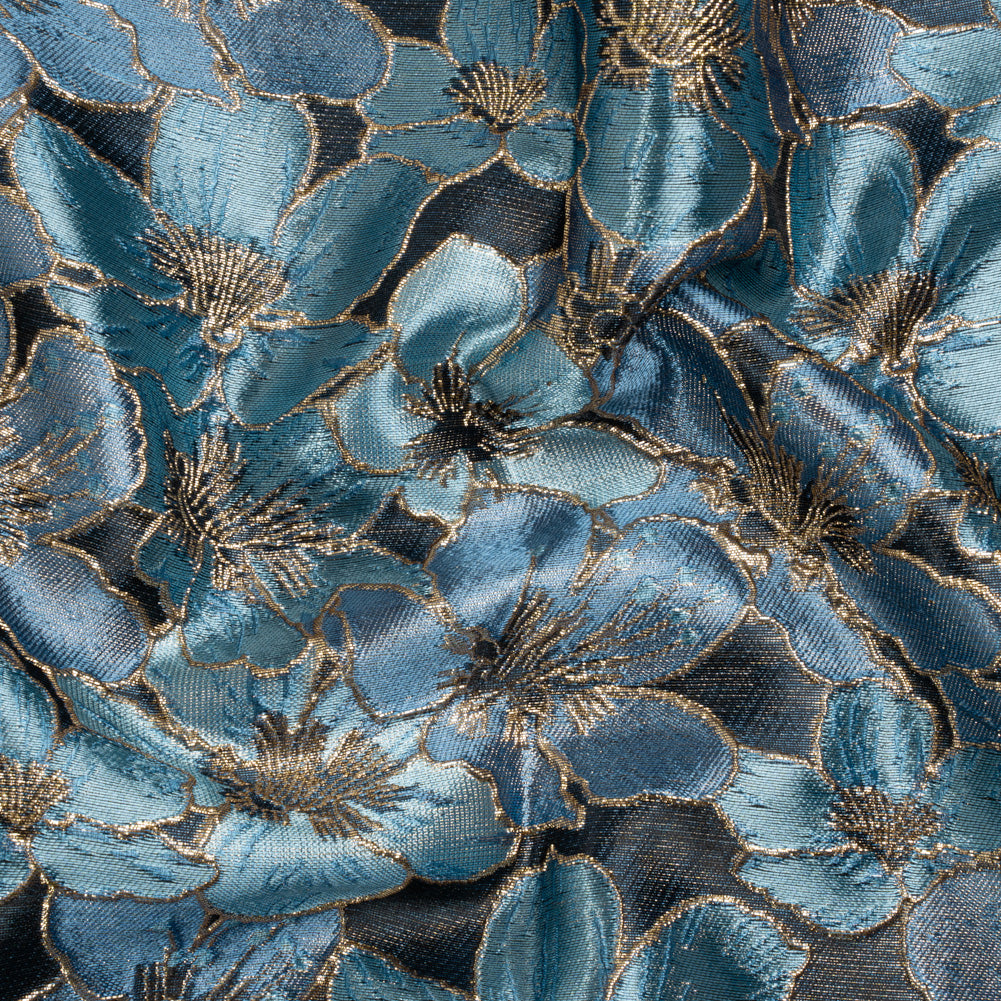 Metallic Gold, Sky and Country Blue Floral Frolic Luxury Brocade - Joann Fabrics