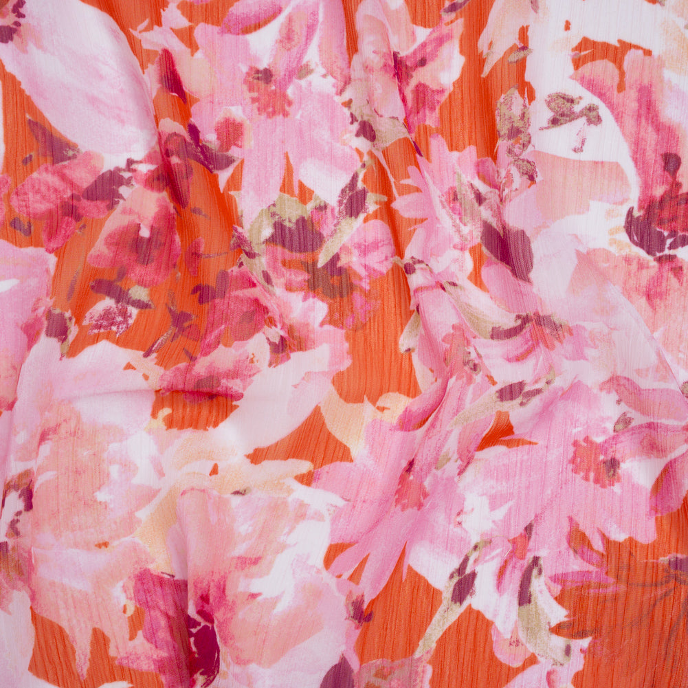 Crinkled Polyester Chiffon Print - Pink, Coral and Fuchsia Watercolor Flowers - Designer Deadstock - Joann Fabrics