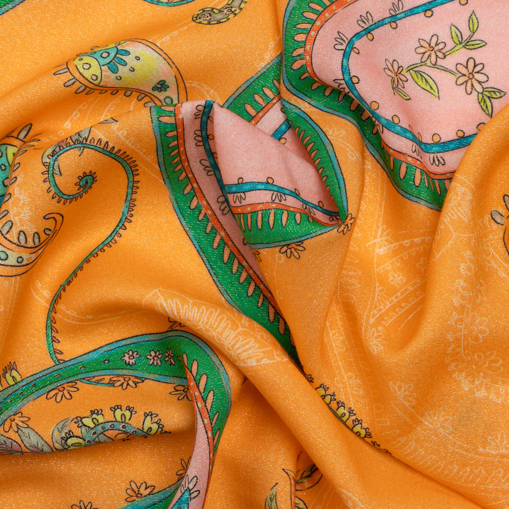 Metallic Viscose Woven Print - Orange and Green Paisley - Mood Exclusive Bedelia Beginnings - Joann Fabrics