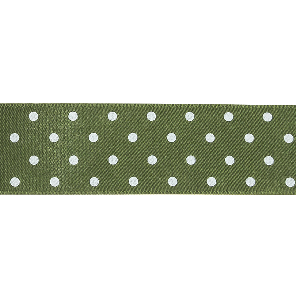 Olive and White Polka Dots Satin Ribbon - 1