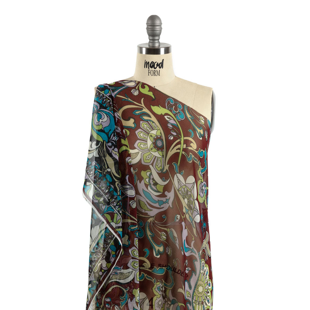 Wine, Turquoise and Lime Florals and Border Stripes Silk Chiffon - Joann Fabrics