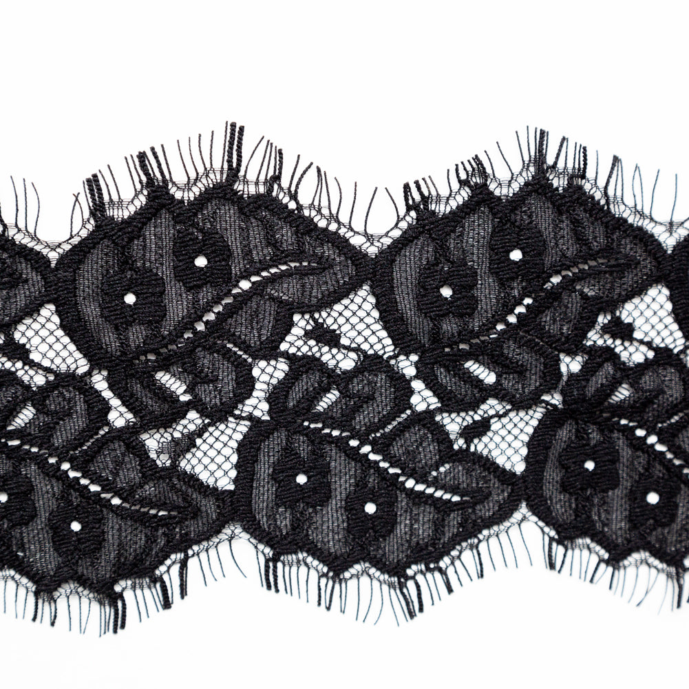 European Black Leaf Embroidered Scalloped Eyelash Edge Lace Trim - 3.5