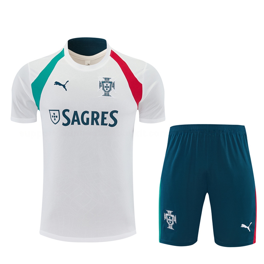 Portugal 2026 Short-Sleeve Training Set - White With Red And Green Accents Top & Dark Blue With A Red Stripe Pants - UnitedFutballJersey
