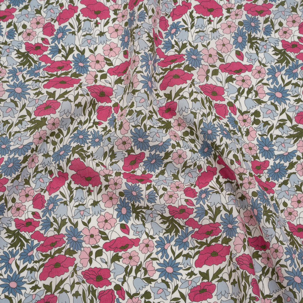 Liberty Fabrics Tana Lawn® - Poppy & Daisy Pink - Baby Pink, Light Blue and Olive Green Fine Lined Illustrated Florals - Joann Fabrics