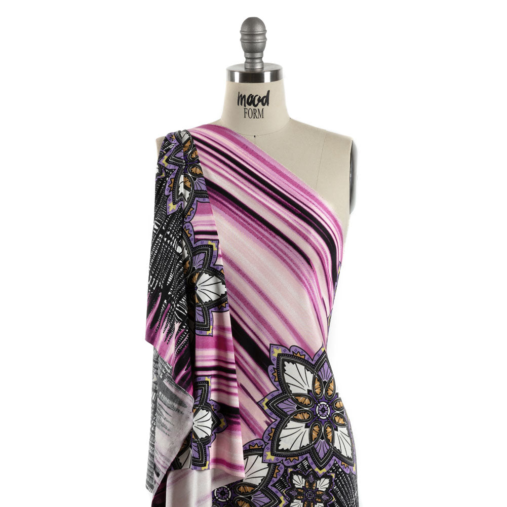 Rose Violet, Lilac and Black Onyx Stained Glass Flowers and Painterly Stripes Silk Jersey - Joann Fabrics