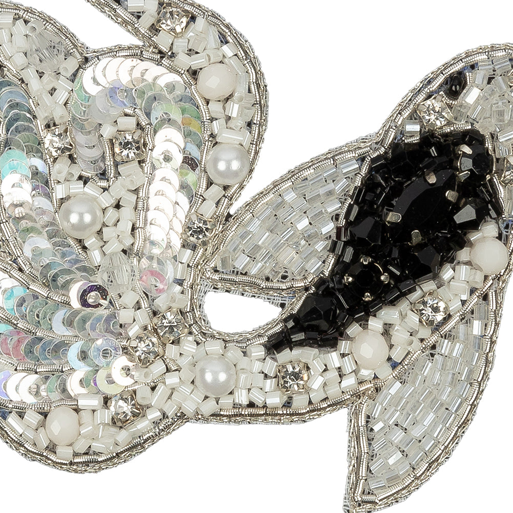 Black, White and Silver Fancy Fish Rhinestones, Sequins and Glass Beaded Applique - 2.625