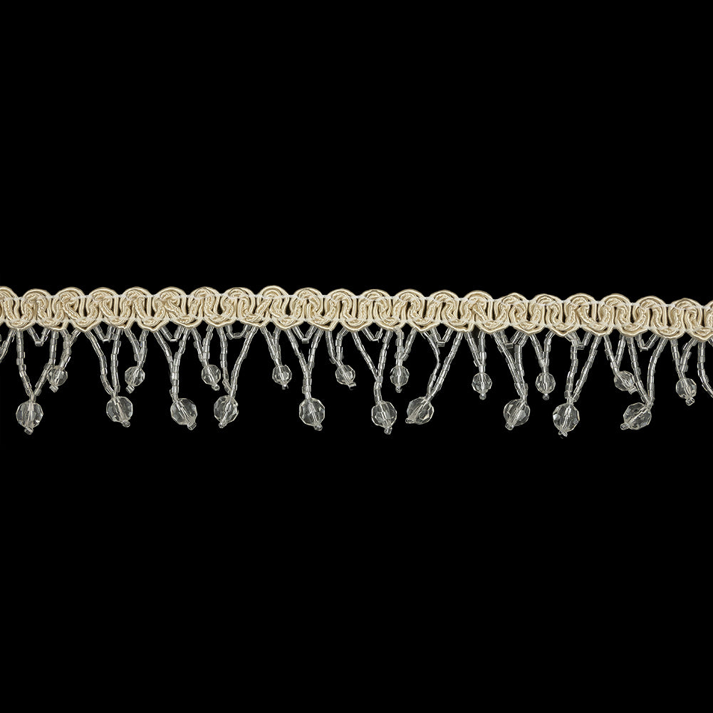 Vintage Crystal Faceted Round and Chop Beaded Fringe on Ivory Braid - 1.75