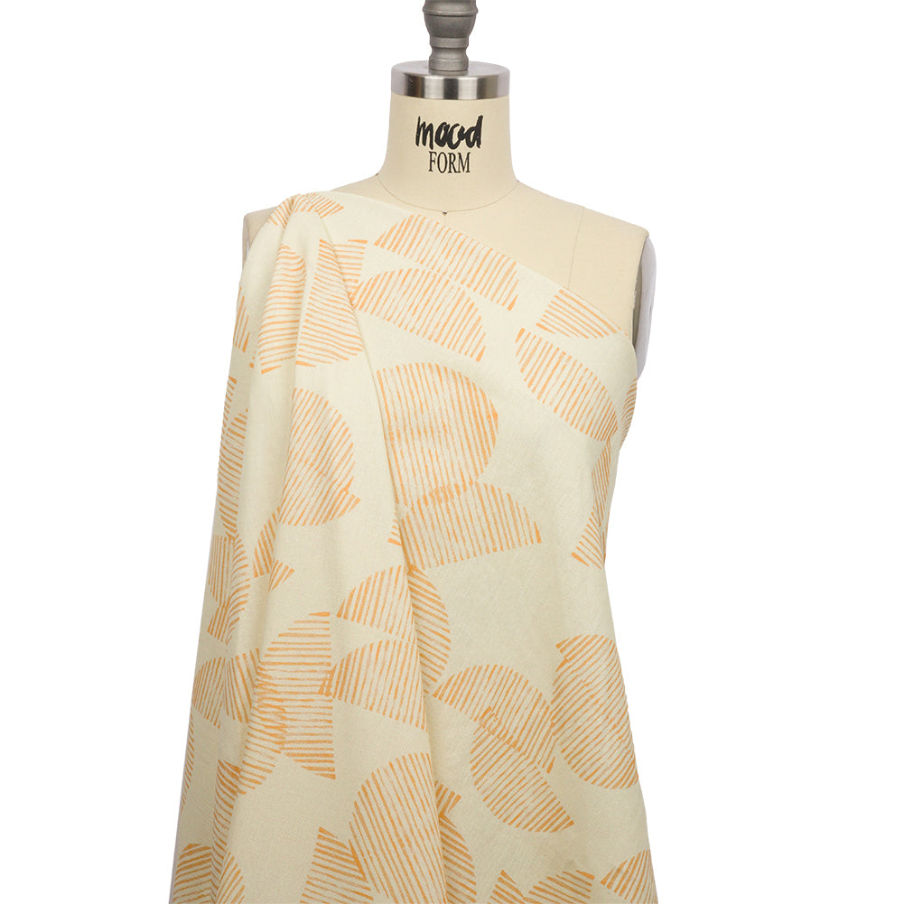 Linen and Rayon Woven - White and Orange Striped Circles - Island In The Sun Print - Mood Exclusive Palm Beach Collection - Joann Fabrics