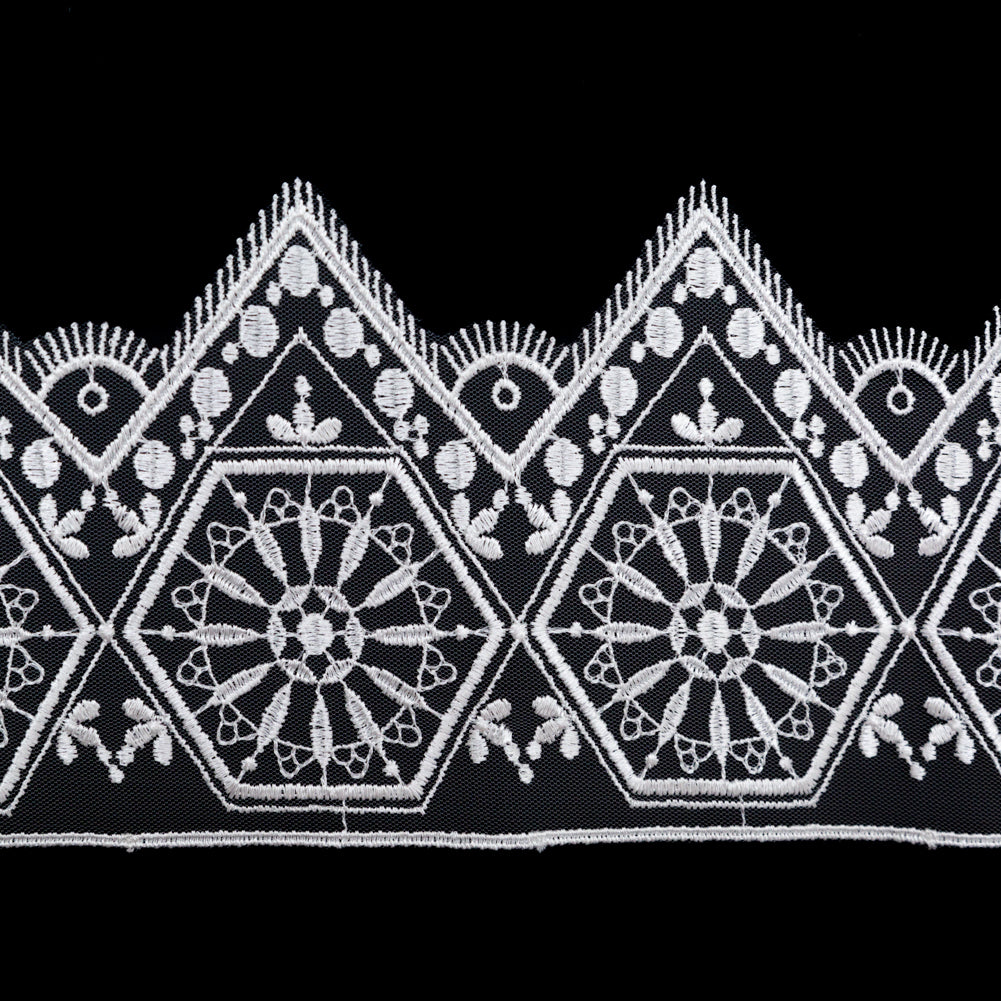 European Off-White Geometric Embroidered Lace on Mesh - 5.875