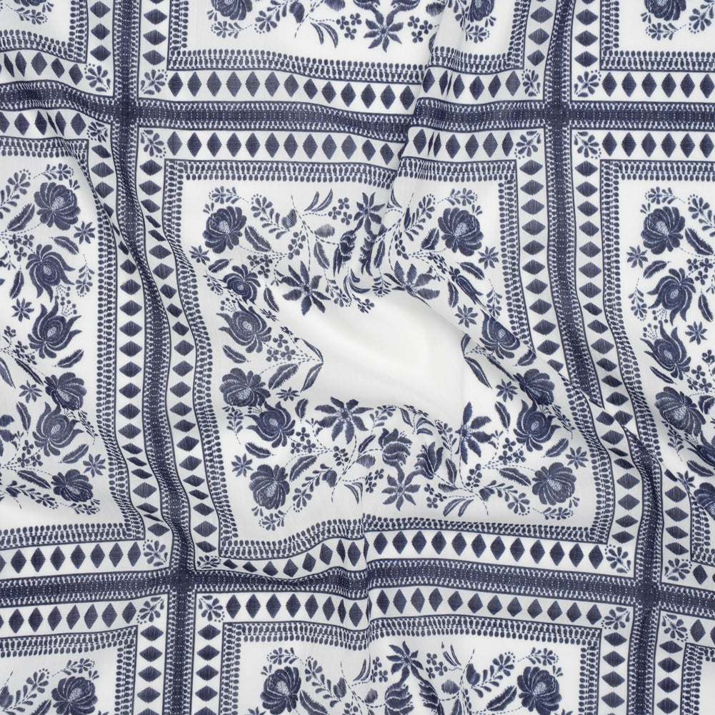 Crinkled Cotton Gauzy Woven - White and Navy Blue Floral Embroidery Squares - Mood Exclusive Porcelain Petals Print - Joann Fabrics