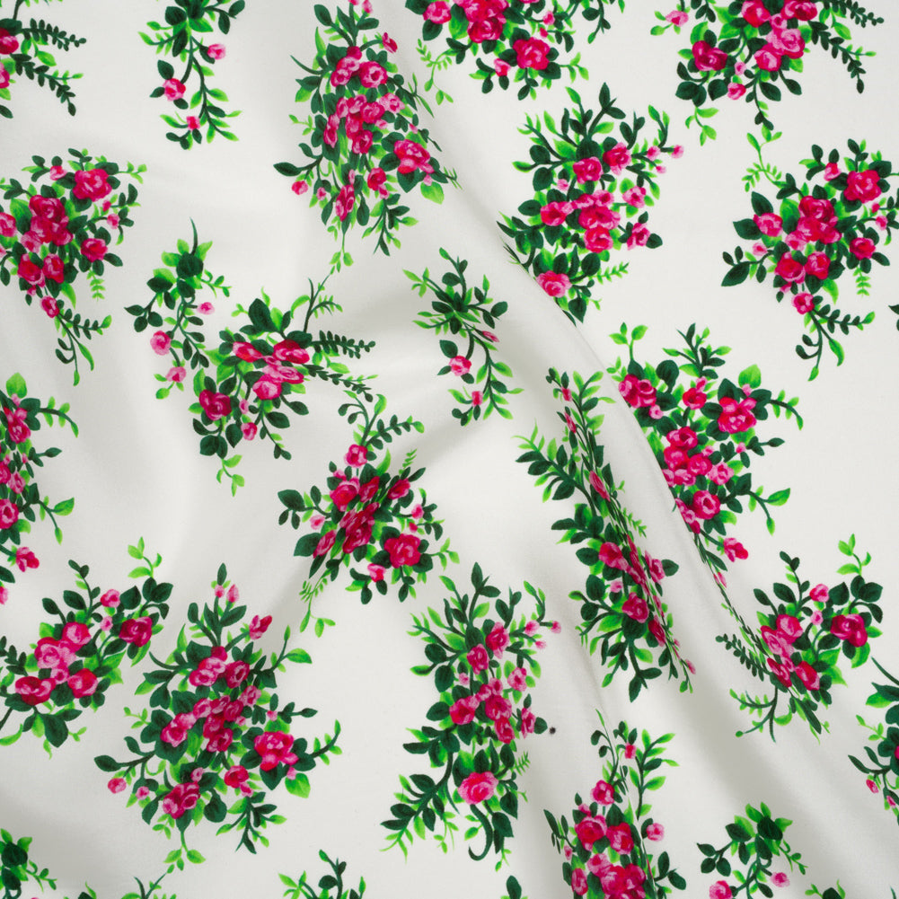 China Silk/Silk Habotai Print Made in Italy - Pink, Green and Ivory Flower Bunches - Deadstock - Joann Fabrics