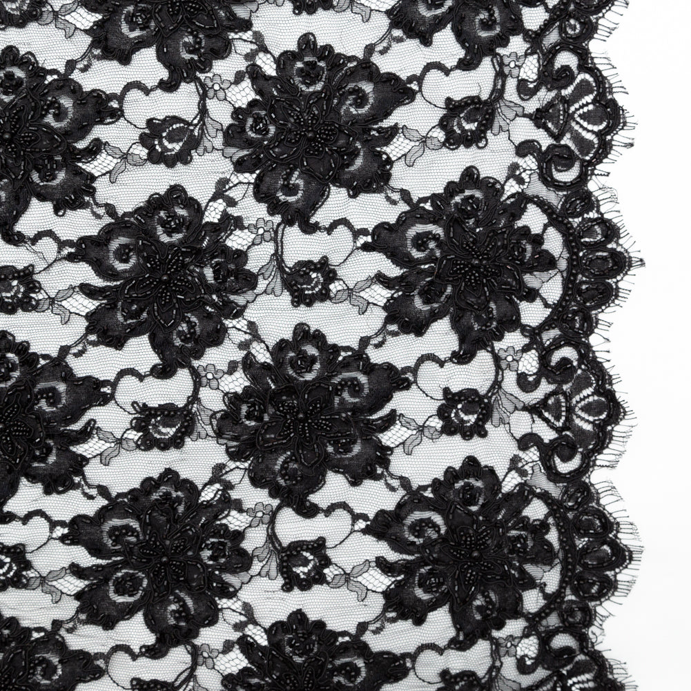 Black Narrow Beaded Floral Corded 3D Lace with Scalloped Eyelash Edges - Joann Fabrics