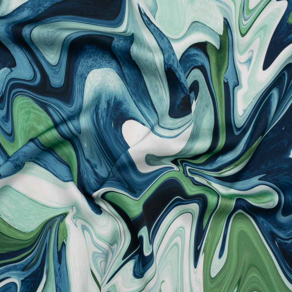 Polyester Satin - Blue, Green and White Marbled Swirls - Mood Exclusive Cascading Current Print - Joann Fabrics