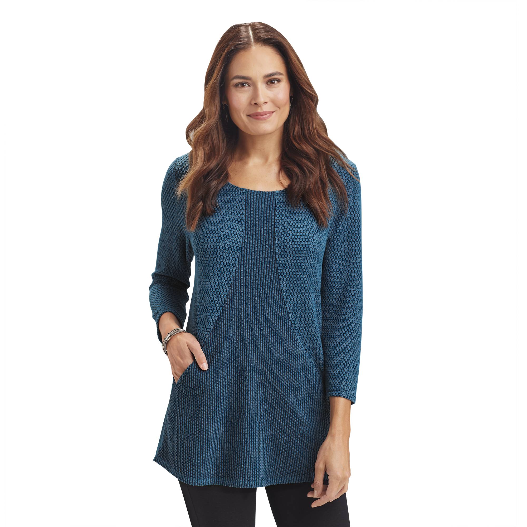 Pebble-Textured Knit Top, Contrast Textured Panels, On-Seam Pockets - Northstyle Catalog