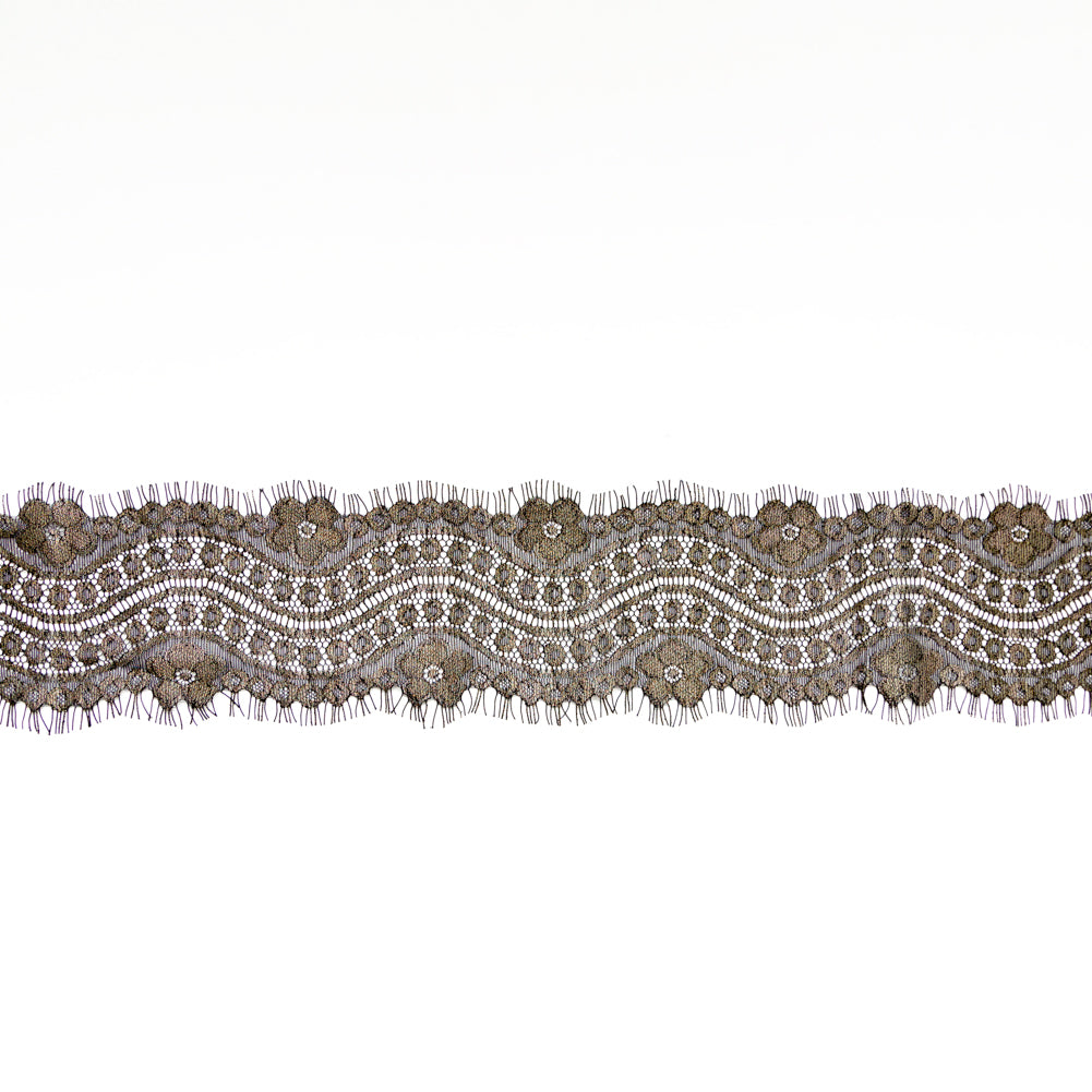 European Black and Metallic Gold Floral Scalloped Eyelash Lace Trim - 3.5