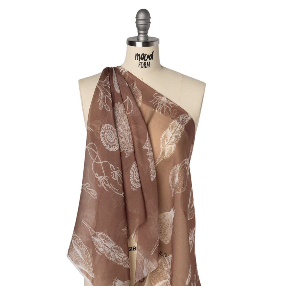 Silk Voile Print - Brown and White Sea Creatures and Shells - Deadstock - Joann Fabrics