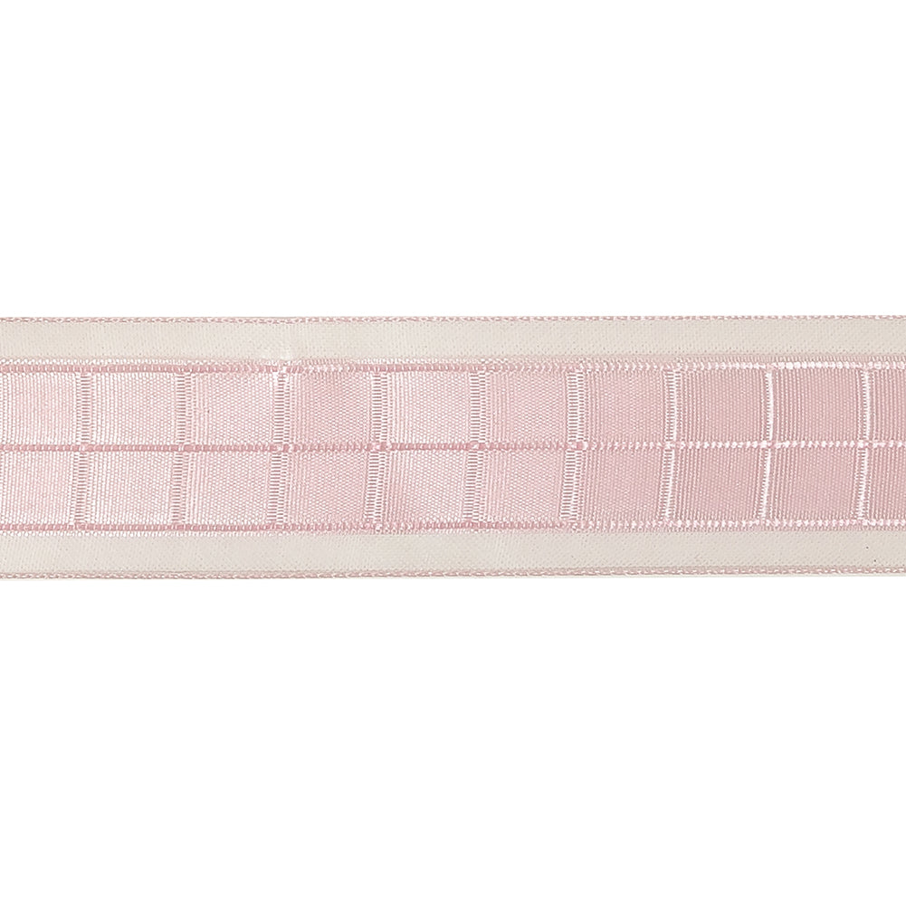 Pale Pink Windowpane Checks and Sheer Borders Woven Ribbon - 1
