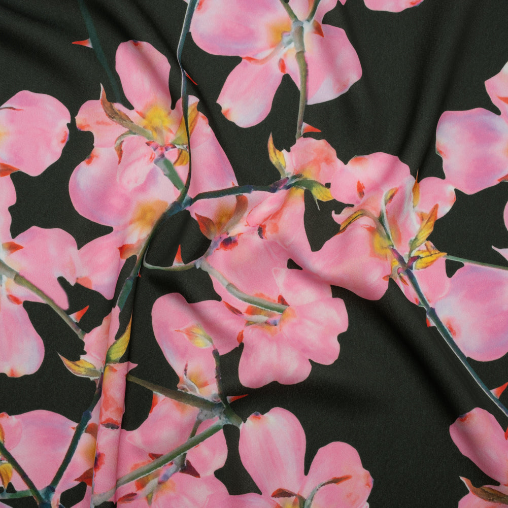 Polyester Crepe-Back Satin - Bright Pink and Black Floral - Mood Exclusive Sakura Whispers Print - Joann Fabrics