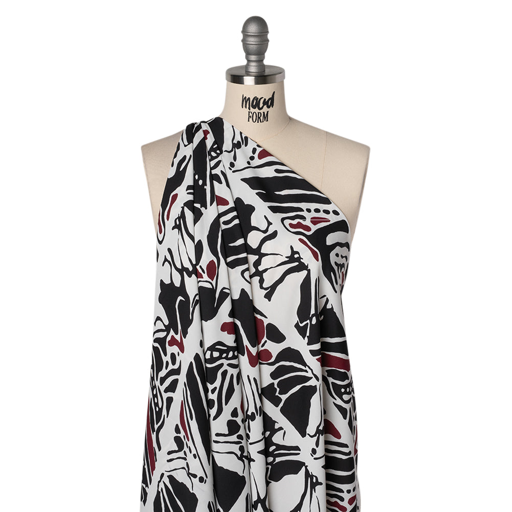 Polyester Double Georgette Print - White, Black and Burgundy Abstract Stripes - Designer Deadstock - Joann Fabrics
