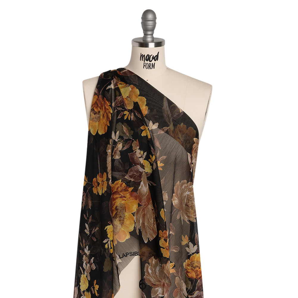 Polyester Chiffon Print with Textured Pinstripes - Black, Yellow and Orange Floral - Designer Deadstock - Joann Fabrics