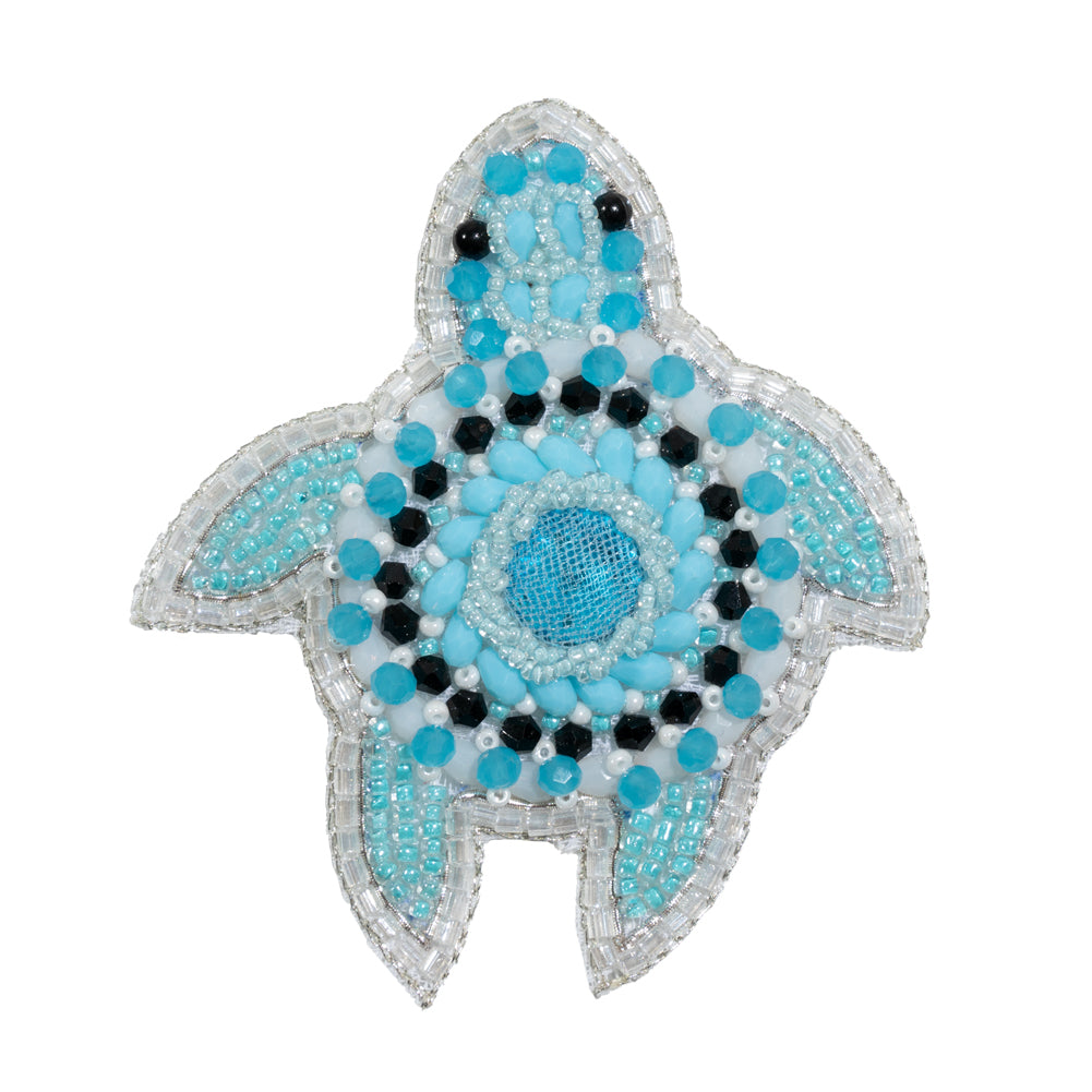 Aqua, White and Silver Little Sea Turtle Rhinestone and Glass Beaded Applique - 3