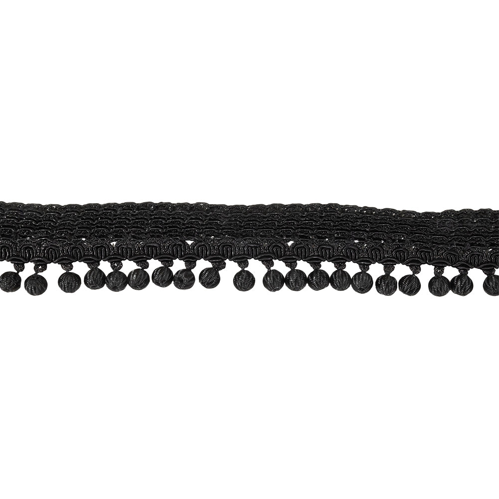 Vintage Black Braided Trim with Thread Covered Bead Pom Pom Fringe - 1.375