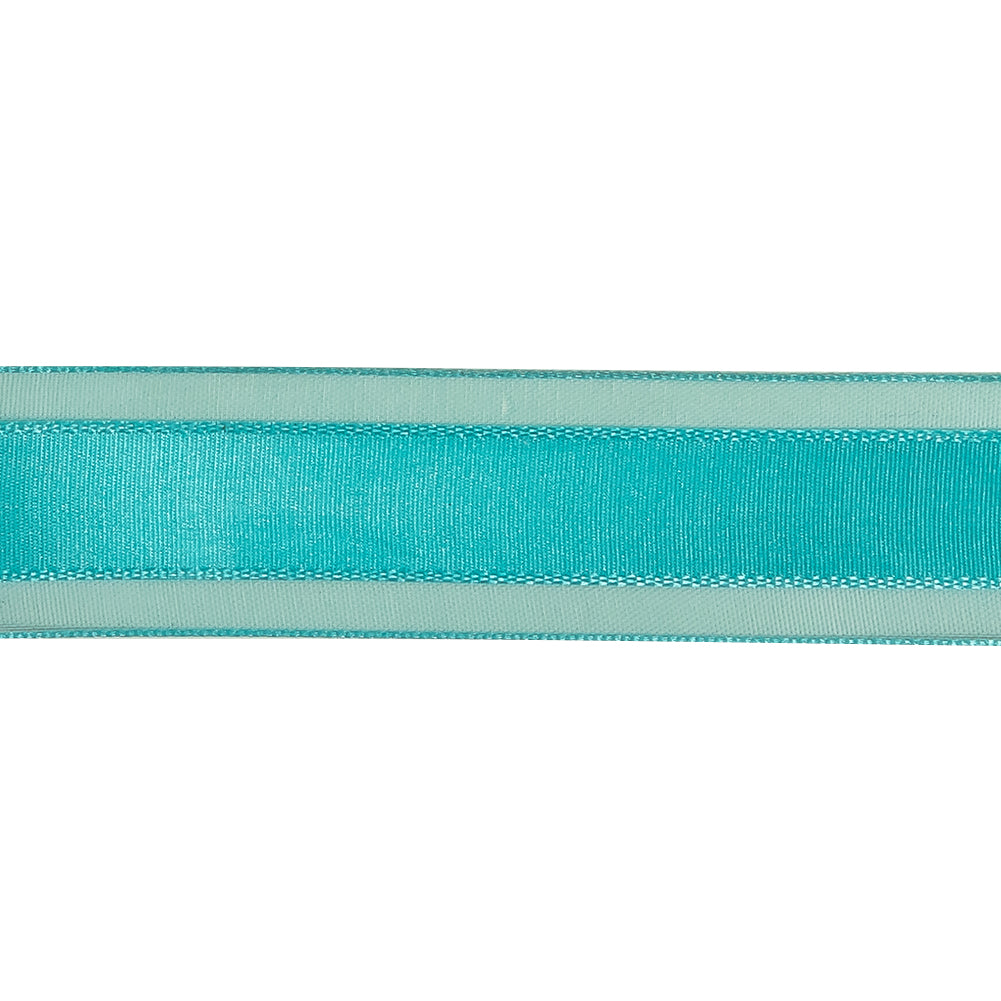 Turquoise Woven Ribbon with Sheer Organza Borders - 1