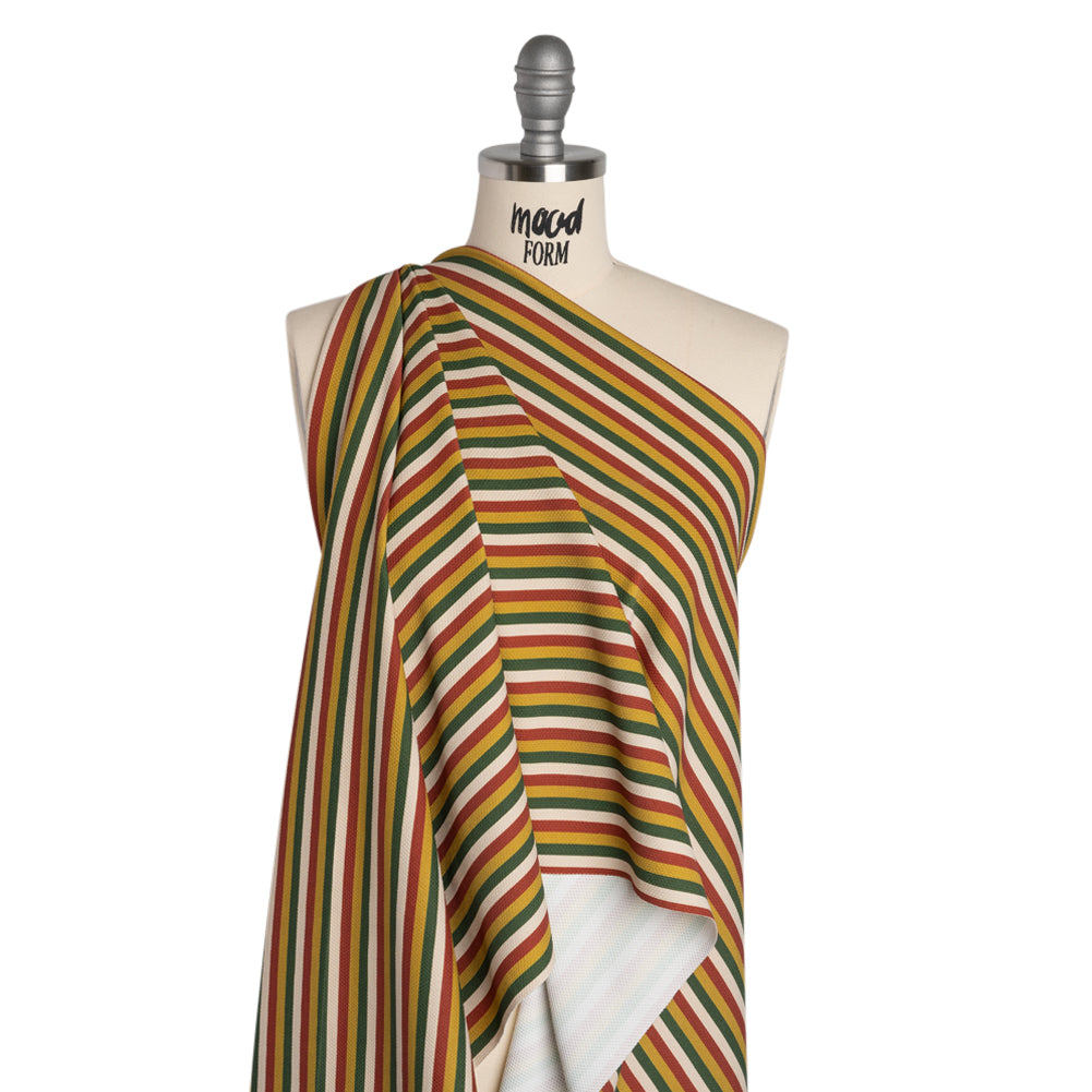 Stretch Polyester Pique Knit - Brick Red, Gold and Green Horizontal Stripes - Designer Deadstock - Joann Fabrics