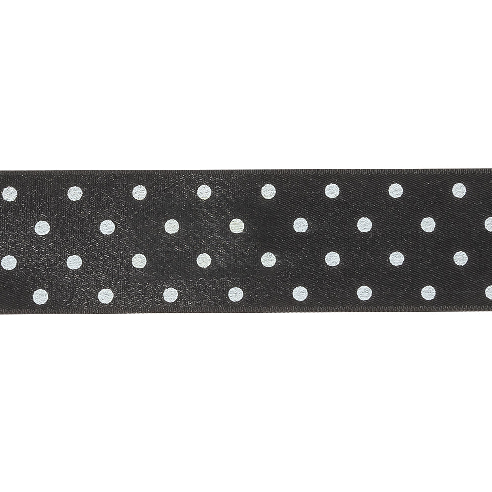 Black and Bright White Polka Dots Satin Ribbon - 1