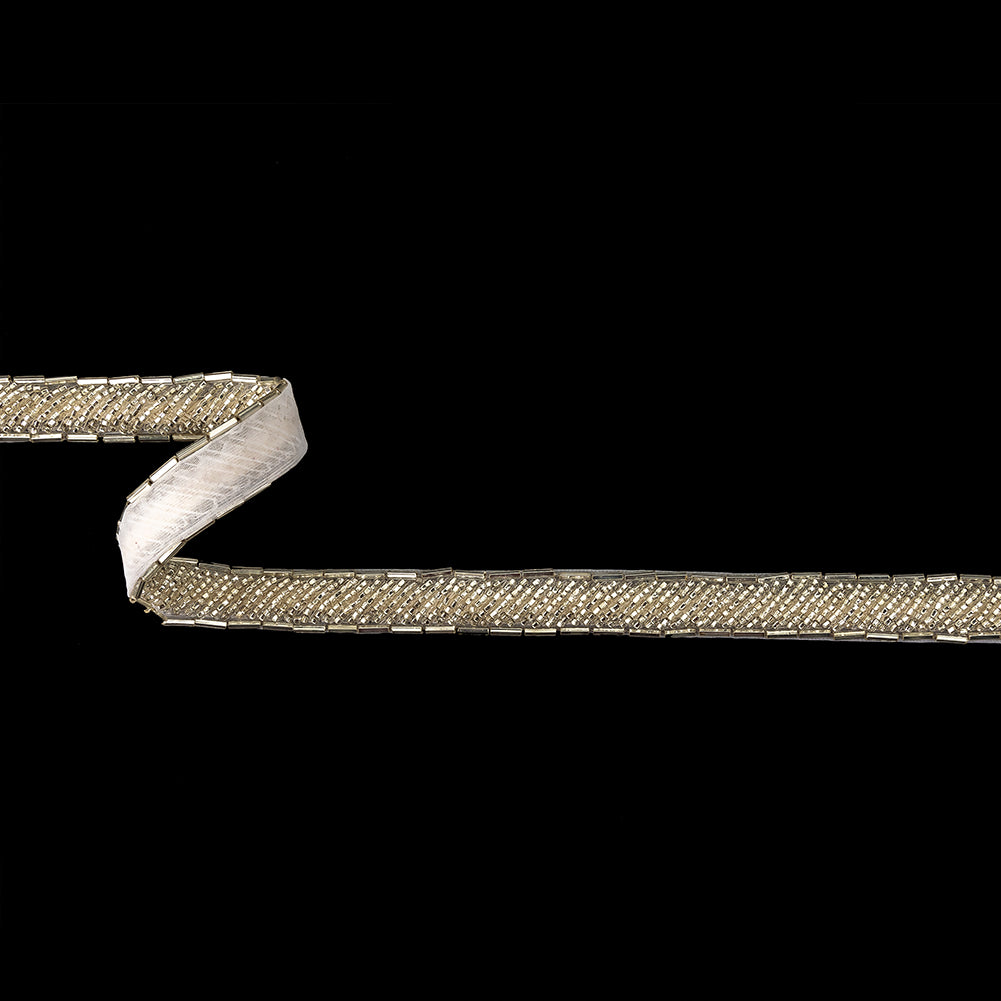 Vintage Fancy Off-White and Silver Bugle Beaded Trim - 0.625