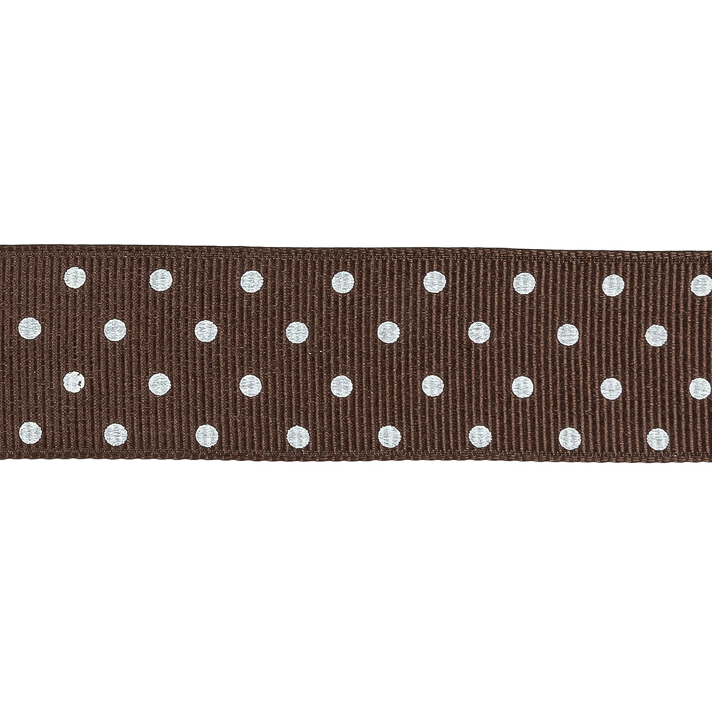 Chestnut and White Polka Dots Grosgrain Ribbon - 1