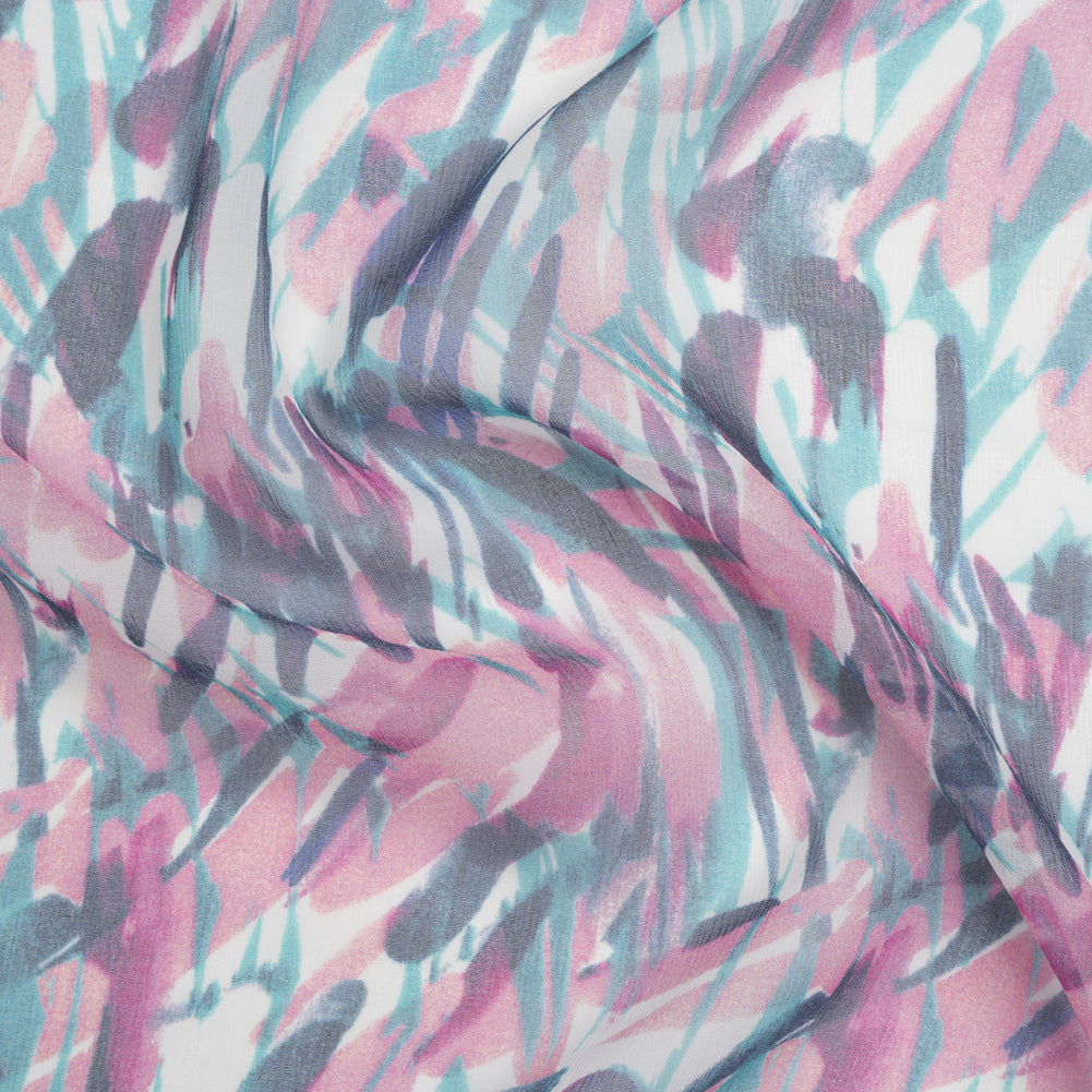 Crinkled Silk Chiffon Print - Pink, Navy, and Teal Abstract - Deadstock - Joann Fabrics