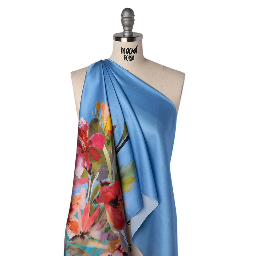 Silk Charmeuse Print 16MM, Made in Italy - Blue, Teal and Multicolor Watercolor Floral Border - Joann Fabrics